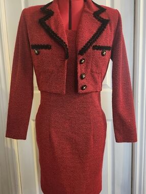 Vintage Red Two-Piece Tweed Dress And Cropped Blazer Suit with Black Trim